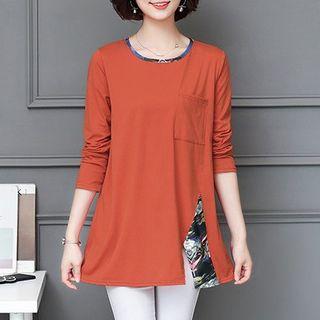 Long-sleeve Paneled Slit T-shirt