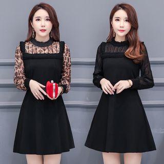 Long-sleeve Ruffled Chiffon-panel Mini A-line Dress