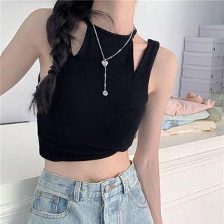 Plain Cutout Halter Plain Cropped Camisole Top Black - One Size