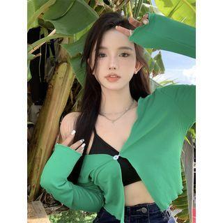 Cropped One-button Cardigan Green - One Size
