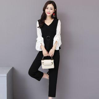 Set: Lantern-sleeve Tie-waist Top + Cropped Straight-cut Pants