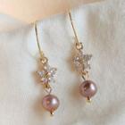 Flower Rhinestone Freshwater Pearl Dangle Earring 1 Pair - 1943 - Gold - One Size