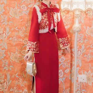 Set: Bell-sleeve Embroidered Midi Qipao + Embroidered Vest
