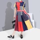 Short-sleeve Pattern Panel Midi A-line Shirtdress Red & Blue - One Size