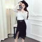 Set: Long-sleeve Lace Top + Fringed Pencil Skirt