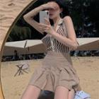 V-neck Striped Knit Tank Top / High-waist Plain Pleated Mini Skirt