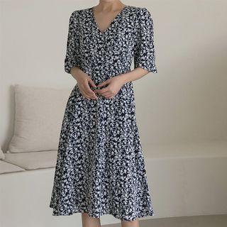 Flared Floral Midi Wrap Dress Dark Navy Blue - One Size