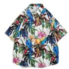 Elbow-sleeve Parrot Print Hawaiian Shirt