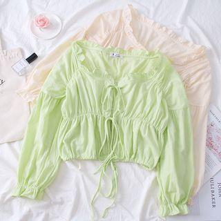 Tie-front Ruffled-trim Plain Top