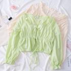 Tie-front Ruffled-trim Plain Top