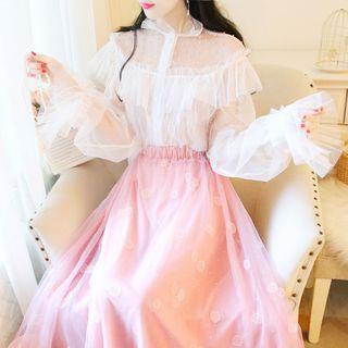 Fringed Trim Mesh Blouse / Mesh Midi A-line Skirt / Set