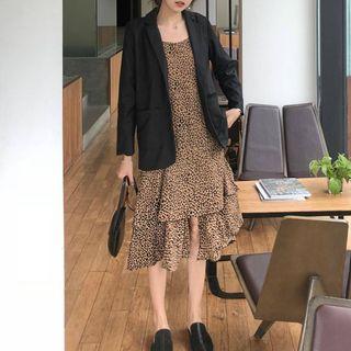 Spaghetti-strap Leopard Print Layered A-line Midi Dress / Plain Blazer