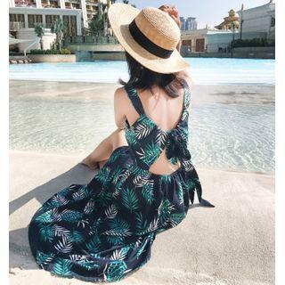 Spaghetti Strap Leaf Print Open-back A-line Maxi Dress