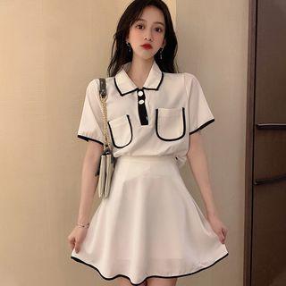 Set: Short-sleeve Contrast Trim Shirt + A-line Skirt