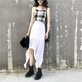 Spaghetti Strap Plaid Top / A-line Asymmetric Midi Skirt