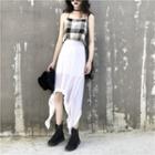 Spaghetti Strap Plaid Top / A-line Asymmetric Midi Skirt