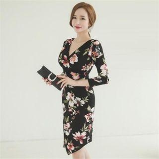 Asymmetric-hem Floral Print Sheath Dress