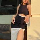 Sleeveless Color-block Cut-out Slit Midi Dress