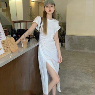 Short-sleeve Round Neck Slit Maxi Dress White - One Size