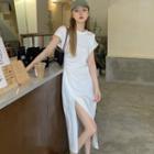 Short-sleeve Round Neck Slit Maxi Dress White - One Size