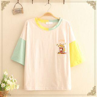 Color-block Sleeve Fox Embroidered Tee As Shown In Figure - One Size