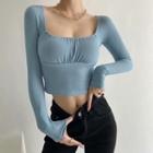 Plain Long-sleeve Square-neck Cropped Top