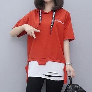 Ripped Mock Two-piece Hooded Short-sleeve T-shirt