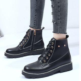 Stitched Trim Faux Leather Lace-up Low Heel Short Boots