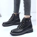 Stitched Trim Faux Leather Lace-up Low Heel Short Boots