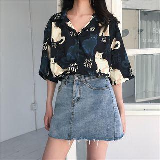 Short-sleeve Cat Print Shirt / Shirt