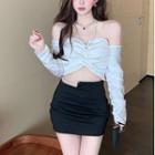 Chain Accent Off-shoulder Ruched Blouse / High Waist Faux-pearl Accent Mini Skirt