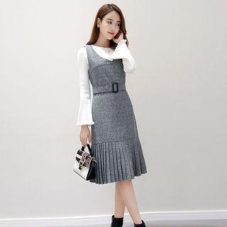 Set: Faux Pearl Long Sleeve Knit Top + Pleated Hem Pinafore Dress