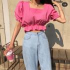 Square-neck Puff-sleeve Crop Top Rose Pink - One Size