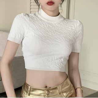 Short-sleeve Mock-neck Crop Top / Metallic Mini Pencil Skirt