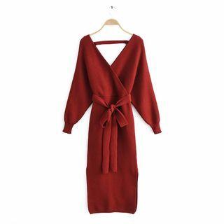 Long-sleeve Cutout Knit Midi Sheath Dress