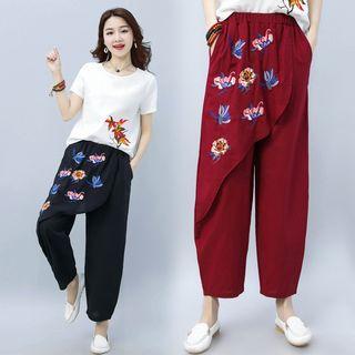 Flower Embroidered Baggy Pants