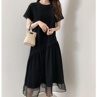 Round-neck Mesh-hem Midi Dress