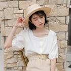 Elbow-sleeve Square Neck Buttoned Top
