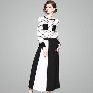 Set: Polka Dot Long-sleeve Top + Color Block Culottes