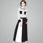 Set: Polka Dot Long-sleeve Top + Color Block Culottes