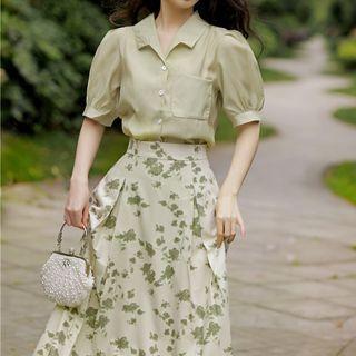 Set: Short-sleeve Shirt + Floral Midi A-line Skirt