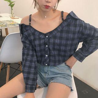 Off-shoulder Spaghetti-strap Long-sleeved Loose-fit Gingham Sheath Camisole Top