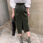 Faux Leather Midi Skirt / Long-sleeve Puff Shoulder Shirt