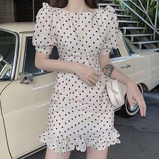 Puff-sleeve Ruffled Dotted Mini Sheath Dress