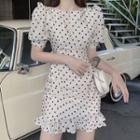 Puff-sleeve Ruffled Dotted Mini Sheath Dress