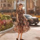 Pleat-trim Floral Chiffon Maxi Dress