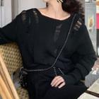 Long-sleeve Distressed Knit Top Black - One Size