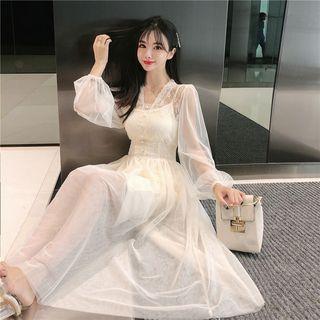 Set: Puff-sleeve Midi A-line Mesh Dress+ Slipdress