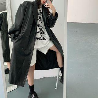 Faux Leather Double-breasted Coat
