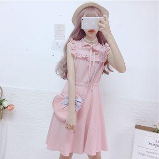 Pinstriped Ruffle Trim Sleeveless Midi A-line Dress Pink - One Size